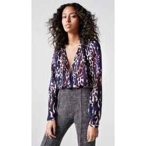 Smythe Gathered Blouse Midnight Leopard Sz XS Blue Cream Abstract Oversized Chic